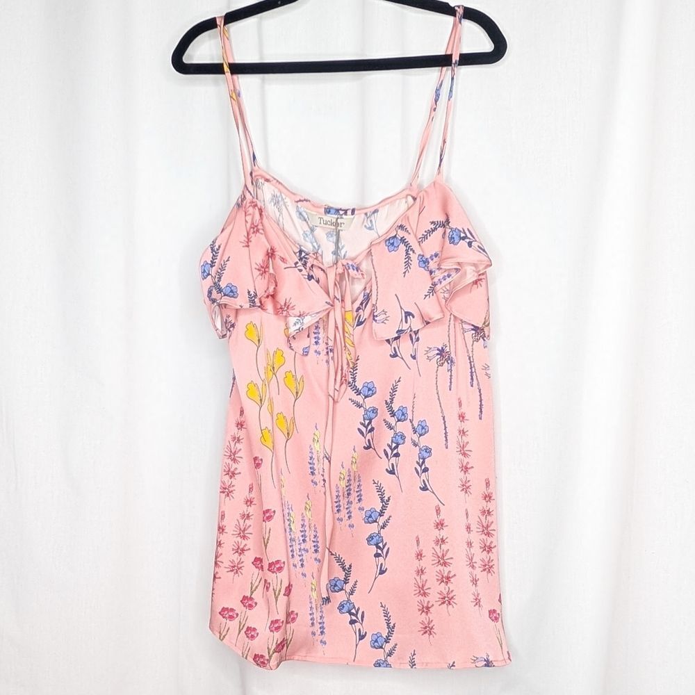 Tucker Ruffle Camisole Parisian Garden In Stretch Georgette Spaghetti Strap Top